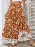 Nukty Summer Long Patchwork Print A-Line Skirt Floral Skirt Women Casual Beach Faldas Female Boho Elastic Waist Holiday Maxi Skirts