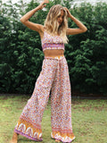 Boho Vintage Pattern Print Women 2 Piece Set Spring Midriff Baring Wide Leg Pant Retro Chic Beach Vacation Women Set