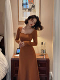 Nukty Knitted France Vintage Party Women Dresses Long Evening Elegant Dress Ladies Casual Chic One Piece Korea Autumn Winter New