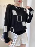 Nukty Fashion Tops Women Oversized Sweater Autumn Winter New Colorblock Plaid Knitted Pullovers Round Neck Retro Warm  Sweaters