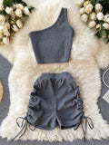 Nukty Casual Women 2 Piece Set Solid Summer Fashion One Shoulder Sleeveless Crop Top and Drawstring Shorts Workout Tracksuits