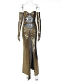Nukty Pu Leather Strapless Draped Folds With Gloves Hollow Out Slit Maxi Prom Dress Sexy Fall Elegant Evening Party Y2K