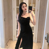 Nukty New Vintage Women Dress Spaghetti Strap Slit Velvet Black Dress Sexy Bodycon Bandage Dress Midi Party Dress Verano Vestidos