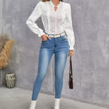 Nukty Cotton V-neck Long Sleeve Shirt White Lace Office Tops And Blouses Women Autumn New Petite XS Size Top Femme Shirts Blouse