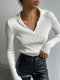 Fashion Lapel White Thin Sweater Women Autumn Sexy V-neck Slim Pink Knitted Pullovers Casual High Street Bottoming Shirt