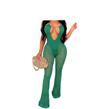Nukty Summer Nightclub Halterneck See Through Mesh Jumpsuit Woman Sexy Strappy Hollow Stitching Flared Trouser Romper