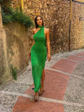 Elegant Backless Chain Draped Green Maxi Dress for Women Sexy Halter Sleeveless Party Club Vestido Beach Long Dresses