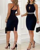 Nukty New Sexy Women Black Rhinestone Decor Sleeveless Party Dress Elegant Halter Bodycon Mini Skinny Dresses