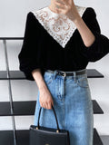 Nukty Fashion Velvet Patchwork Lace Tops Women Lantern Long Sleeve Black T-shirts Female Streetwear Pullovers Autumn Clothes