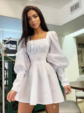 Spring and Summer New Women's Clothing Square Neck Pleated Pleated Skirt High Waist Tight Lantern Sleeve Dress Long SleeveOuting