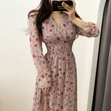 Nukty New Flower Dress Women Floral Chiffon Clothes Maxi Dresses Beach Elegant Autumn Pink Korean Long Sleeve V Neck Vestidos De Mujer
