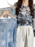 Nukty Tie Dye Long Sleeve T-shirts Women Breathable Summer O-neck Design Mesh Sun-proof Loose Tshirts Korean Style All-match Tops Chic