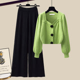 Nukty Winter Knit Sets Womens Outfits French Vintage Square Collar Knitted Sweater And Wide Leg Pants Two Pieces Sets Office Lady Sets