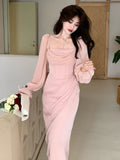 Nukty Autumn Solid Elegant Fairy Dresses Women Casual Party Fashion Korean One Piece Dress Female Lace Vintage Chic Midi Dresses