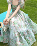 Nukty Floral Dress for Women New Fashion Elegant Puff Sleeve Square Collar Summer Dress Chic French Style Midi Dress