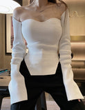 Nukty Spring Women's Sweater Square Neck Long Sleeve Knitted Sweater Pullover Jumper Fashion Elegant Knit Top White Black