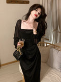 Nukty Autumn Solid Elegant Fairy Dresses Women Casual Party Fashion Korean One Piece Dress Female Lace Vintage Chic Midi Dresses