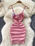Nukty Foamlina Sexy Night Club Dress Women Summer Elegant Color Match Mini Bodycon Dress Strap Sleeveless Cut Out Ruched Party Dress