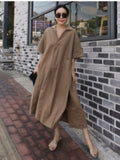Nukty New Summer Short Sleeve Cotton Linen Ladies Dress Loose Oversized Casual Skirt A-Line Large Pocket Fashion Long Skirt