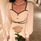 Nukty Vintage Button Dresses for Women Fairy Midi Party Dress Evening Office Lady Design One Piece Dress Elegant Korean Spring