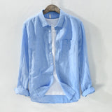 Nukty Mens Cotton Linen Shirt Breathable Casual Solid Colors Loose Turn-down Collar Long Sleeve Button Down Blouse Tops Shirts For Man