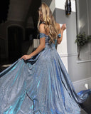 Nukty Blue Off-Shoulder Full Skirt Maxi Dress Summer Elegant Vintage Evening Dress