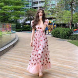 Women Long Party Strawberry Dress Summer Sequin Mesh Sweet Lolita High Waist Pink Tulle Maxi Dress Original Ruffle Hem Gown