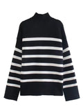 Nukty Casual Knitted Sweater Autumn Femme Vintage V Neck Striped Loose Elegant Pullover Chic Jumper Women's Long Sleeve Top