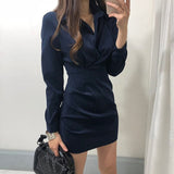 Nukty New Korean Chic Turn Down Collar Single Breast Tie vintage Dress High Waist Hip Pleat Bodycon Vestidos Solid Temperament Ropa