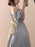 Nukty Vintage Elegant Midi Dresses Women Spring Blue Patchwork Retro Evening Party Dress French Sweet Korean Princess Fairy Dress