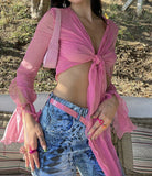 Nukty Solid Mesh Long Sleeves Drawstring Bandage Sexy Crop Top Tees Slim Streetwear Summer Beach Party Club Cute Y2K
