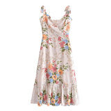 Nukty Summer New Lace Up Bowknot Strap High Waist French Vintage Printed Ruffle Dress Female Fashion Midi Dresses Women