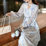 Nukty Summer Basic Long Dress Long Sleeve V-Neck Floral Printed Retro Vintage A-Line Women Dresses Chic Korea Fashion Vestidos