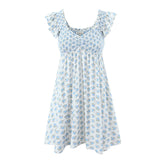 Nukty Spring Summer New Vintage Casual Chic Printed Elastic High Waist Slim Flying Sleeves Square Neck Mini Short Dress Woman