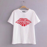 Sexy Lip Printed Cotton Short Sleeve T-Shirt Top Casual O-Neck Women Pullover Tops Beach Tee Shirts Blusas