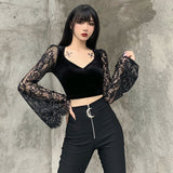 Nukty 90s Vintage Velvet Black Crop Top Elegant Lady Lace Flare Sleeve V Neck T-shirt Harajuku Grunge Retro Tees Women Gothic Clothes