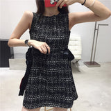 Nukty Vintage Summer Women Tweed Bandage Dresses for Women Party Sleeveless Bow O-Neck Plaid Elegant Casual Empire Bodycon Short Dress