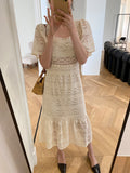 Nukty Sweet Korean Soft Girl Square Collar A Line Midi Dress Summer Lace Embroidery Party Dresses Office Lady Casual Vestidos Feminino