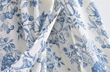 Nukty New Summer Women Vintage Fruit Floral Print Square Neck Puff Sleeves Elastic Sexy Side Slit Long  Midi Dress