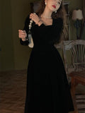 Nukty Winter Black Velvet Dress Women France Vintage Party Dresses Long Evening Elegant One Piece Dress Korea Female Clothing New
