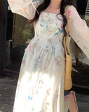 Nukty Print Midi Dresses for Women Fairycore Square Collar Long Sleeve Vintage Dress New Fashion Elegant Party Dresses