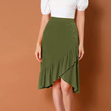 Solid Midi Skirts Women Summer Ruffle High Waist Button Skirt Ladies Office Lady Elegant Streetwear Slim Bottoms Saias