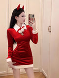 Nukty Red Christmas Sexy Party Mini Dress Women Bodycon Elegant Korean Style Dress Female Long Sleeve Casual Dresses New Year Christmas