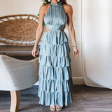 Nukty Summer Sexy High Waist Sleeveless Boho Long Dresses Hollow Out Cascading Ruffle Cake Dress Women Halter Beach Maxi Dresses