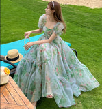 Vintage Floral Evening Midi Maxi Dresses for Women Elegant Casual Party Prom Green Holiday Princess Fairy Long Dress Summer