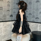 Nukty Black Mini Dress for Women Mesh Spaghetti Strap Hotsweet Streetwear Chic Summer Y2k Gothic Vintage Vestidos Sexy Mujer Ball Gown
