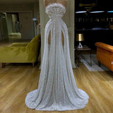 Nukty Luxury White Prom Dresses Sexy Withtout Sleeves  Strapless High Split Formal Evening Dresses Gowns  Robe De Soir¨¦e