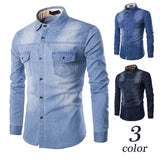 Nukty Fashion Mens Denim Shirt Long Sleeve Plus Size Cotton Jeans Cardigan Casual Slim Fit Shirts Men Two-pocket Tops Clothing M-6XL