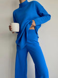 Fashion Half-high Collar Green Sweater Suit for Women Autumn Winter Casual Long-sleeved Loose White Knitted 2 Piece Set