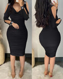Nukty Autumn Sexy Elegant Off Shoulder Party Tight Dress Women Fashion V-Neck Hollow Out Diamond Long Sleeve Stacked Slim Dress Women